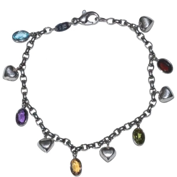Real precious gemstone sterling silver multicolor heart charm bracelet - Picture 1 of 7
